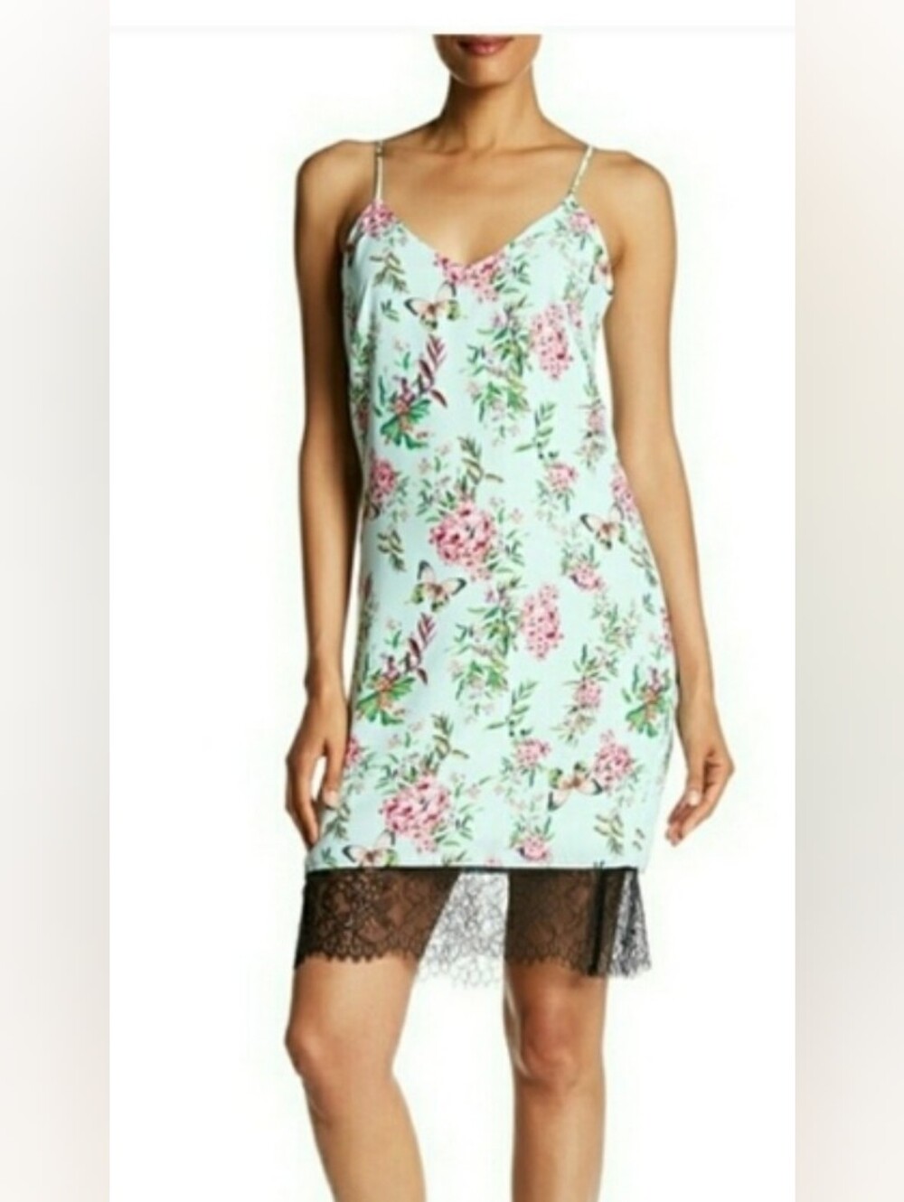 Nwt Adelyn Rae Floral Light Blue Slip Dress W/ Lace At Bottom & Back Medium